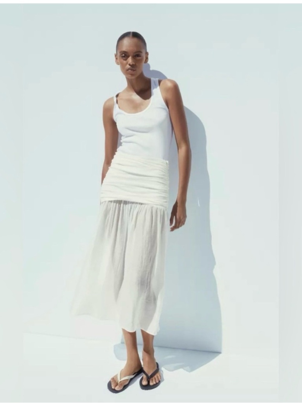 Zara Off-White Gathered-Waist Midi Skirt
